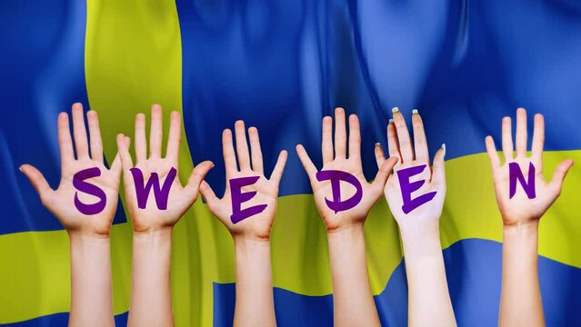 Sweden Country Flag with animated hands written letters, to make name of country