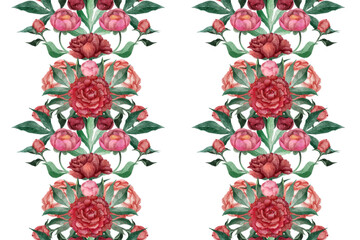 Seamless floral pattern with peonies in line , watercolor illustration. Template design for textiles, interior, clothes, wallpaper