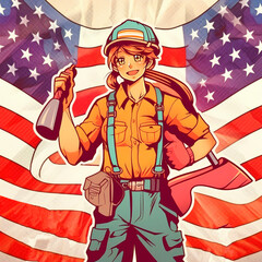 Labor Day, the union of all workers. Girl on the background of the flag. High quality illustration
