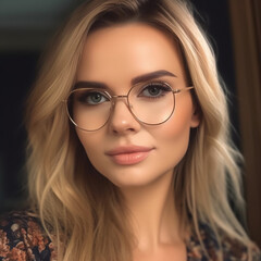 Portrait of a young long-haired beautiful modern woman with glasses. The woman represents both an independent and successful woman and can be used in beauty and fashion advertisements.