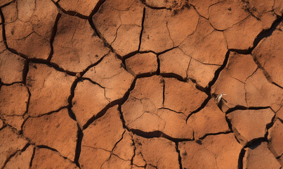 Cracked dried earth soil. Ground texture for background. Top view mosaic pattern of sunny dried earth soil. Drought or dry land.