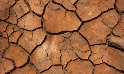 Cracked dried earth soil. Ground texture for background. Top view mosaic pattern of sunny dried earth soil. Drought or dry land.