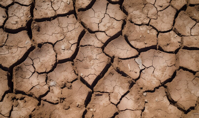 Cracked dried earth soil. Ground texture for background. Top view mosaic pattern of sunny dried earth soil. Drought or dry land.