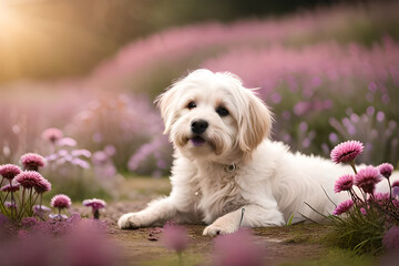 A white dog laying in a field of flowers  Generative AI