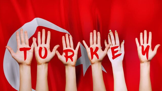 Turkey Country Flag with animated hands written letters, to make name of country