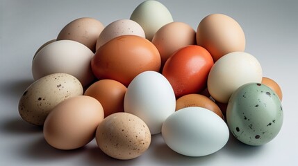 A group of varied eggs of different colors and patterns with a plain background. Generative AI. 