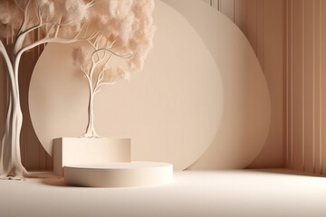 Luxury white podium block with sunshade shadow and tree leaf shadows on beige, ideal for cosmetic product presentation. Generative ai.