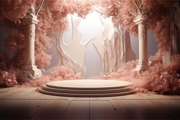 Dreamy and romantic scene with a natural and beautiful podium background, perfect for a majestic photoshoot. Generative ai.
