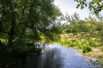 Fototapeta na wymiar View of the river Bourne near Salisbury in Wiltshire on a summer afternoon, England