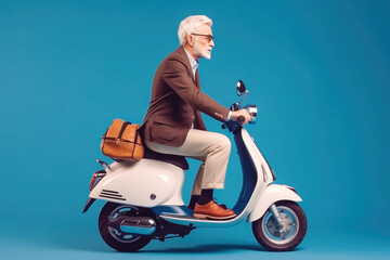 Fototapeta na wymiar Old man with beard driving motorcycle vespa on blue background in studio. Generative AI.