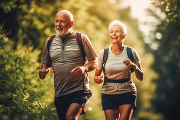 Senior mature old couple going for a run in park. Healthy life, active pensioners. Long life. Generative AI.