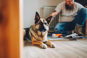 Young adult man renovating his home apartment. His dog helping him, good company. Generative AI.