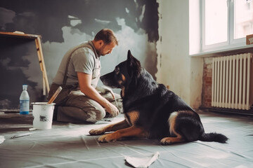 Young adult man renovating his home apartment. His dog helping him, good company. Generative AI.