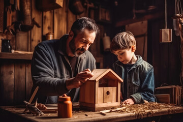 Grandfather teaching grandson how to make wooden bird house. DIY craft in home workshop. Indoor. Generative AI.
