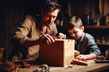 Grandfather teaching grandson how to make wooden bird house. DIY craft in home workshop. Indoor. Generative AI. - obrazy, fototapety, plakaty