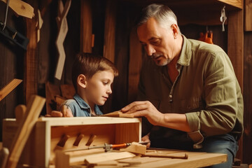 Fototapeta na wymiar Grandfather teaching grandson how to make wooden bird house. DIY craft in home workshop. Indoor. Generative AI.
