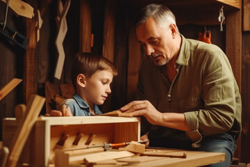 Fototapeta premium Grandfather teaching grandson how to make wooden bird house. DIY craft in home workshop. Indoor. Generative AI.