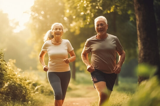 Senior mature old couple going for a run in park. Healthy life, active pensioners. Long life. Generative AI.