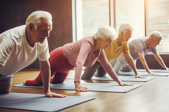 Pilates, wellness and group of senior women doing a mind, body and spiritual exercise in studio. Health, retirement doing yoga workout. Generative AI.