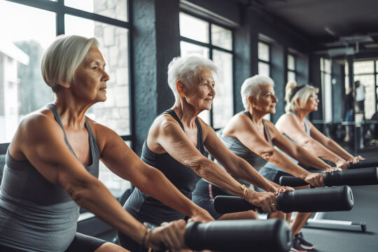 Pilates, wellness and group of senior women doing a mind, body and spiritual exercise in studio. Health, retirement doing yoga workout. Generative AI.