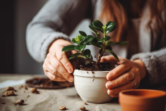 Close-up Spring houseplant care, repotting houseplants. Waking up indoor plants for spring. Transplanting plant into new pot at home. Generative AI.
