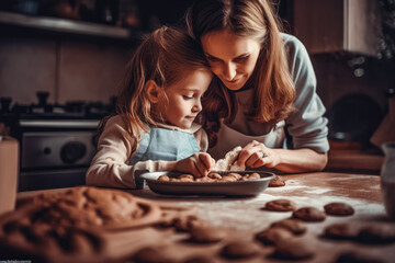 Mother Teaching Child to Bake and Help in the Kitchen. Caucasian Mother and Daughter making cookies at home. Generative AI.