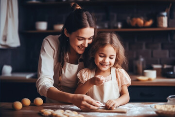 Plakat Mother Teaching Child to Bake and Help in the Kitchen. Caucasian Mother and Daughter making cookies at home. Generative AI.
