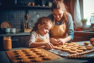 Fotobehang Mother and child baking a pie at home. Teaching daughter how to bake pastry. Generative AI. © VisualProduction