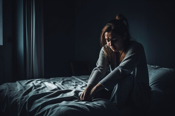Naklejka premium Mental health, psychological problem and depression concept - sad woman having trouble breathing or panic attack at home Generative AI