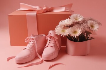 White flowers, shoes and earings. Present box. 