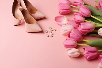 Obraz na płótnie Canvas Pink flowers, shoes and earings. Present box. 