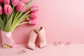 Pink flowers, shoes and earings. Present box. Copy, advertisign, social media. 