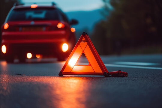 A close up of a red emergency triangle on the road in front of a car after an accident. Generative AI