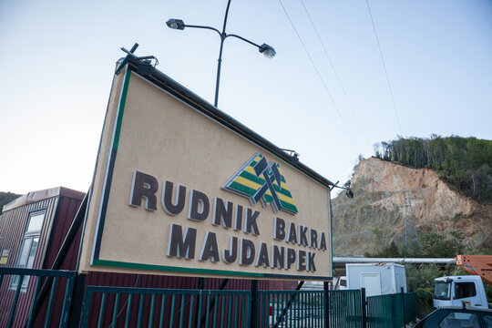 MAJDANPEK, SERBIA - SEPTEMBER 15, 2017: Main entrance to Rudnik bakra, the copper mine of Majdanpek, with their iconic logo, a hub of the mining resources production in Serbia.