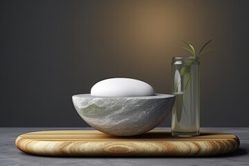 decorative vase with an egg and a bowl on a table. Generative AI