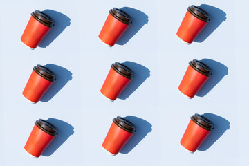 texture background seamless pattern with paper red coffee mug take away on light blue background