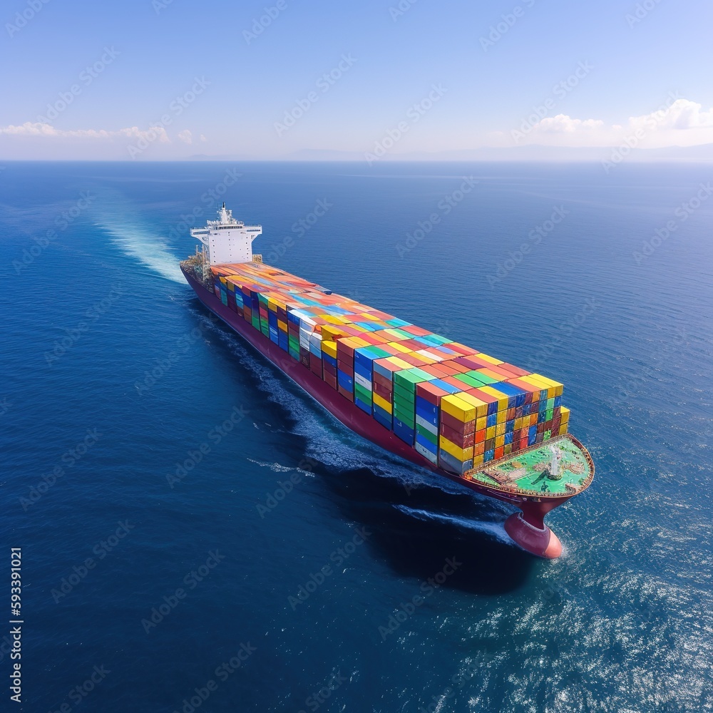 Poster aerial view of a container ship leaving port. generative ai