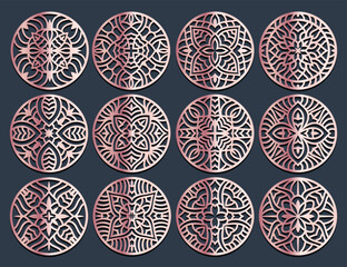 Set decorative circle coaster for laser cutting. Round abstract geometric coaster card. Laser cut design. Vector illustration