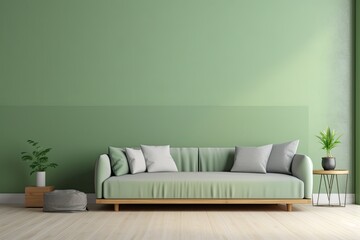 modern living room with green walls and a white couch. Generative AI