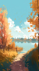 Beautiful lake in pine tree forest illustration