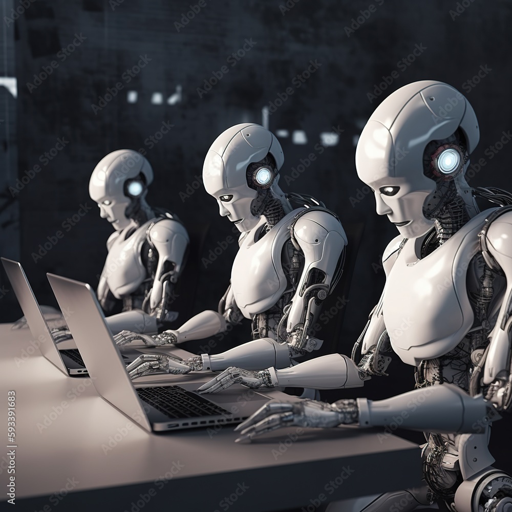 Poster four robots working with laptop. generative ai