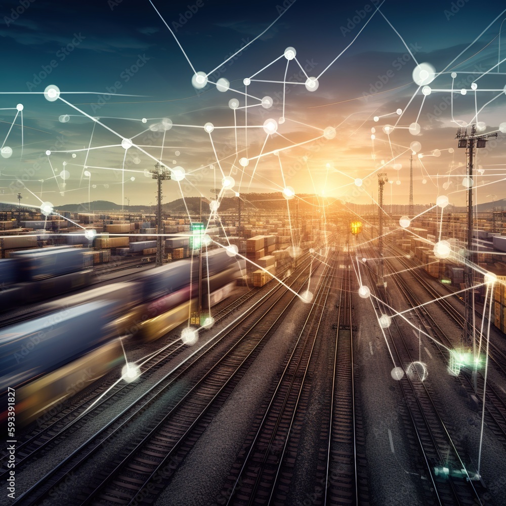 Poster container freight train global partner connection for logistic import export background. concept of 