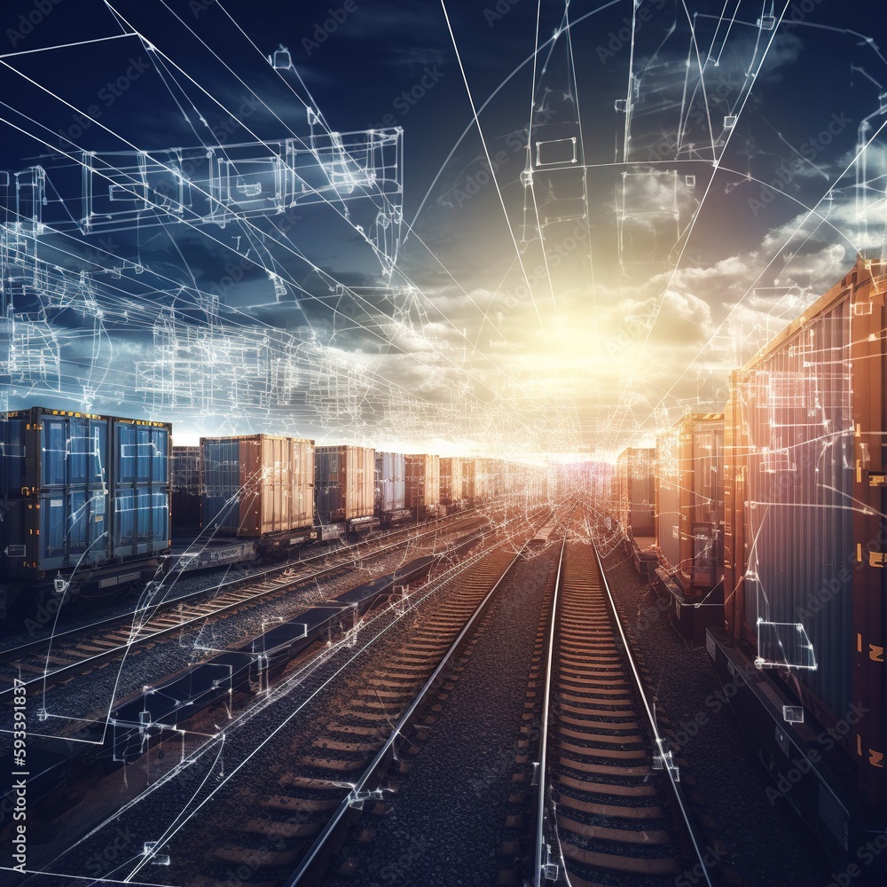 Poster container freight train global partner connection for logistic import export background. concept of 