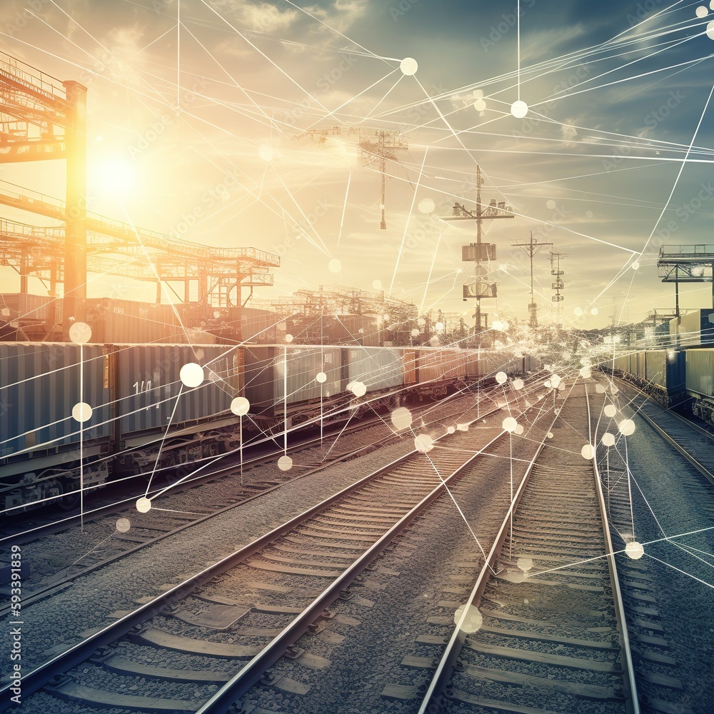 Poster container freight train has a global partner connection for logistic import and export background. b