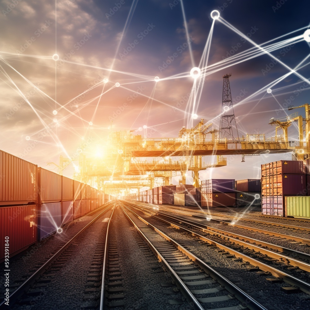 Poster global business connection technology interface global partner connection of container freight train