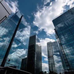 Fototapeta na wymiar Glass structures against a cloudy blue sky. . generative ai