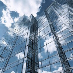 glass buildings with cloudy blue sky. generative ai
