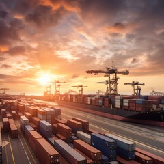 Global distribution network logistics and transportation on industrial container terminals, export and import. generative ai