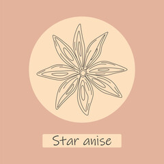 Contour drawing of anise on the backdrop of circle with lettering Star anise. Template for wrapping