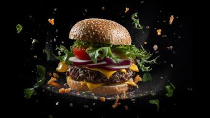 Tasty craft burger with grilled meat, cheese, tomato, vegetables on the black background Generative AI